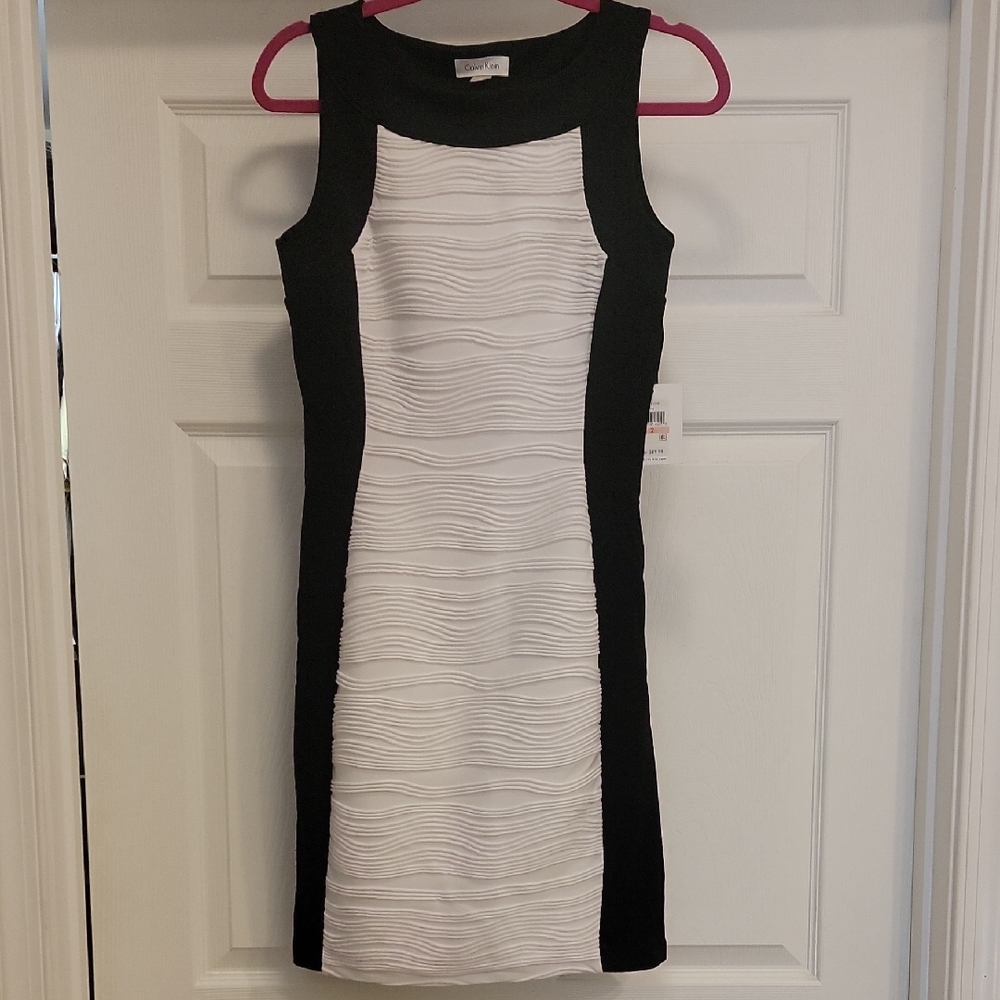 Calvin Klein Black and White Wave Pattern Mini Dress